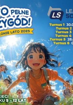 Grafika reklamująca Półkolonie językowo - sportowe, rysunkowe postaci dzieci rozbigane na łące, obok napisy informujące o wydarzeniu.