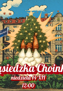 Choinka na miejskim skwerze startuje rakieta do nieba.