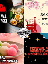 Cztery plakaty promujące wydarzenie. Lewy górny róg zdjęcie ramenu i napis "Festiwal Azjatycki". Obok jasny plakat z japońskimi motywami wiśni i napis "Sakura. Festiwal japoński". Po lewej na dole zdjęcie azjatyckich słodyczy. Obok czarny plakat z napisem "Festiwal Piwa".