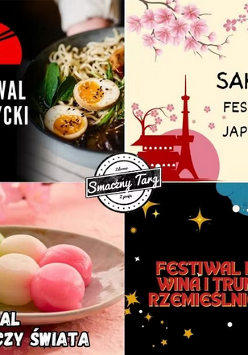 Cztery plakaty promujące wydarzenie. Lewy górny róg zdjęcie ramenu i napis "Festiwal Azjatycki". Obok jasny plakat z japońskimi motywami wiśni i napis "Sakura. Festiwal japoński". Po lewej na dole zdjęcie azjatyckich słodyczy. Obok czarny plakat z napisem "Festiwal Piwa".
