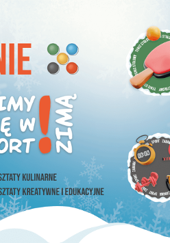 Plakat zimowych półkolonii FairPlayce z hasłem Bawimy się w sport zimą, ilustracjami rakiet i piłek sportowych oraz informacją o zajęciach sportowych i warsztatach.