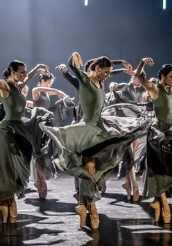 Grupa tancerek baletowych stojących w podobnnej pozie, z podniesionymi rękami. Szare tło, szara podłoga, na scenie nie ma żadnych rekwizytów.