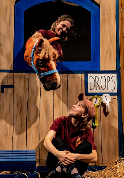 Sena z przedstawienia: przy drewnianej ścianie siedzi kobieta, która patrzy na konia (pacynkę) wystawiajacego łeb przez otwór w ścianie.