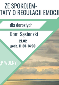 Plakat warsztatów o regulacji emocji, zdjęcie tafli jeziora i zachodzącego słońca wklejone pomiędzy abstrakcyjnie ułożone figury geometryczne.