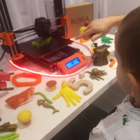Dziecko przy drukarce 3D z wydrukowanymi przedmiotami np: dłoń, drzewo, pająk, 5, konik morski.