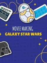 Baner wydarzenia: duży granatowy kolcek lego na nim napisy, gwiazdki, maska dartha Vadera, robot i klocek.