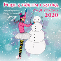 Baner wydarzenia: Baletnica w kurtce i czapce lepi bałwana.