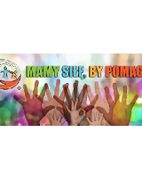 Na górze po lewej mała grafika: trzy osoby trzymają się za ręce.Na środku: otwarte dłonie wzniesione do góry na kolorowym tle. Na górze tekst "Mamy siłę, by pomagać. Wyrazy w kolorach: zielonym, niebieskim, żółtym i czerwonym.