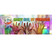 Na górze po lewej mała grafika: trzy osoby trzymają się za ręce.Na środku: otwarte dłonie wzniesione do góry na kolorowym tle. Na górze tekst "Mamy siłę, by pomagać. Wyrazy w kolorach: zielonym, niebieskim, żółtym i czerwonym.