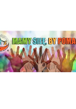 Na górze po lewej mała grafika: trzy osoby trzymają się za ręce.Na środku: otwarte dłonie wzniesione do góry na kolorowym tle. Na górze tekst "Mamy siłę, by pomagać. Wyrazy w kolorach: zielonym, niebieskim, żółtym i czerwonym.