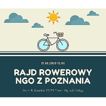 Na górze: słońce, chmurki i rower. Na dole białe napisy na ciemnym tle.