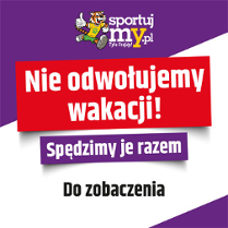 Białe napisy na fioletowym i czerwonym tle.