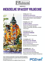 Akwarela kilkupiętrowej kamienicy. Obok rozpiska kolejnych spacerów.