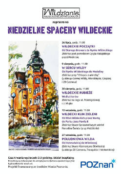 Akwarela kilkupiętrowej kamienicy. Obok rozpiska kolejnych spacerów.