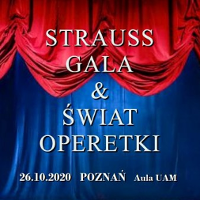 Widok czerwonej opadającej kurtyny. Na wierzchu napis "Strauss Gala & Świat Operetki".