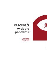 Na białym tle bordowe logo, napis "wystawa fotografii" oraz czarny napis "Poznań w dobie pandemii".