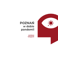 Na białym tle bordowe logo, napis "wystawa fotografii" oraz czarny napis "Poznań w dobie pandemii".