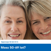 Dwie kobiety przytulone do siebie głowami "Masz 50-69 lat?