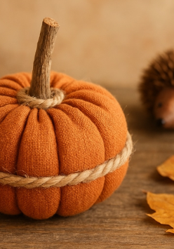 Dekoracja dynii zrobionej z materiału i gałęzi. W tle drewniany jeżyk, szyszki i liście.