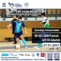 Plakat Ekstraligi Futsalu Kobiet - dwie zawodniczki podczas akcji