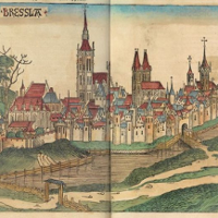 Grafika przedstawia drzeworytową ilustracją panoramy średniowiecznego miasta.