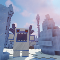 Grafika przedstawia prawdopodobnie robota z Minecraft.