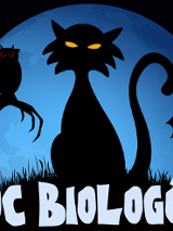 Na grafice na tle niebieskiego księżyca czarne postci kota, sowy i nietoperza. Na dole napis noc biologów.