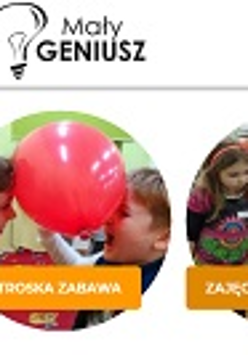 Na górze logo: Zarówka i napis: Mały Geniusz. Pod spodem: dzieci trzymają balona czołami.