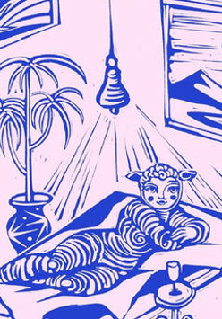 rysunek wnętrza pomieszczenia, na podłodze na kocu leży postać kobieca w obcisłym kombinezopnie, ma nakrycie na głowie z uszami