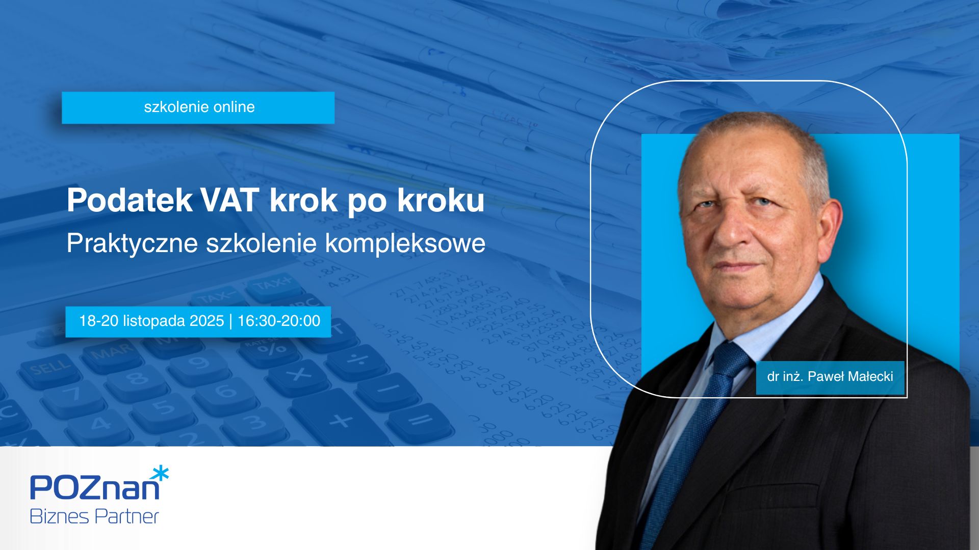 Grafika promocyjna szkolenia. Na zdjęciu prowadzący w czarnym garniturze