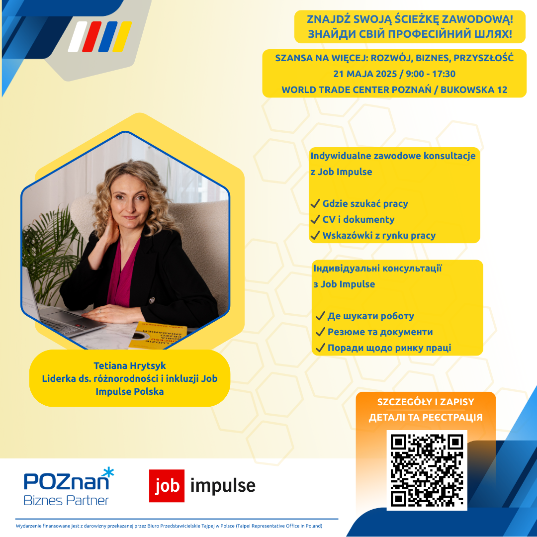 Indywidualne sesje coachingowe w ramach konferencji dla Obywateli i Obywatelek Ukrainy Grafika przedstawia liderkę ds. różnorodności i inkluzji ktora na konferencji będzie udzielać porady w języku ukraińskim