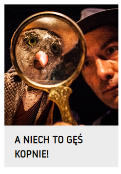 na pierwszym planie ptak spoglądający przez lupę, obok twarz mężczyzny w kapeluszu