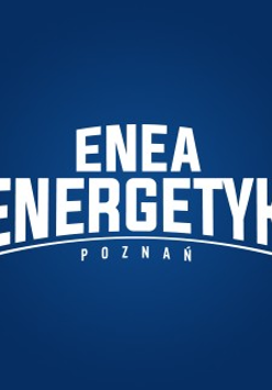 Herb Energetyka Poznań - biała nazwa klubu na niebieskim tle