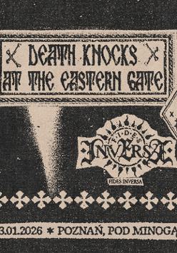 Ziarnisty czarno‑beżowy plakat metalowy z napisami Death Knocks at the Eastern Gate, logotypami zespołów i informacją o koncercie: 23.01.2026, Poznań, Pod Minogą.