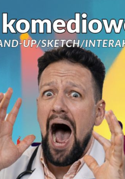 Trzej artyści komediowi z zabawnymi minami.