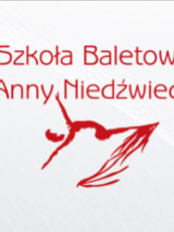 Napis: szkoła Baletowa Anny Niedźwiedź. Pod spodem szkic baletnicy/gimnastyczki.