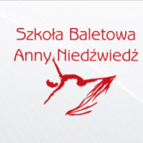 Napis: szkoła Baletowa Anny Niedźwiedź. Pod spodem szkic baletnicy/gimnastyczki.