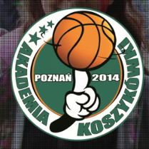 Piłka do kosza na palcu wskazującym w srodku koła. Dookoła napis: Akademia Koszykówki.