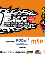 Logotyp Biegu "Policz się z cukrzycą" - na pomarańczowym tle biały logotyp biegu, a z prawej strony kolorowy logotyp całej akcji. Poniżej na białym tle logotypy organizatorów i partnerów