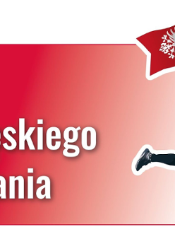 Logotyp Biegu Zwycięskiego Powstania - na czerwonym tle biała nazwa imprezy, a obok mężczyzna biegnący z flagą powstańczą