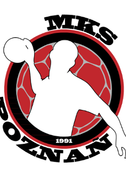 Logotyp MKS Poznań - na tle czerwonej piłki do ręcznej biała sylwetka piłkarza ręcznego