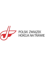 Logotyp Polskiego Związku Hokeja na Trawie - biały kij na biało-czerwonym tle, obok czarna nazwa związku