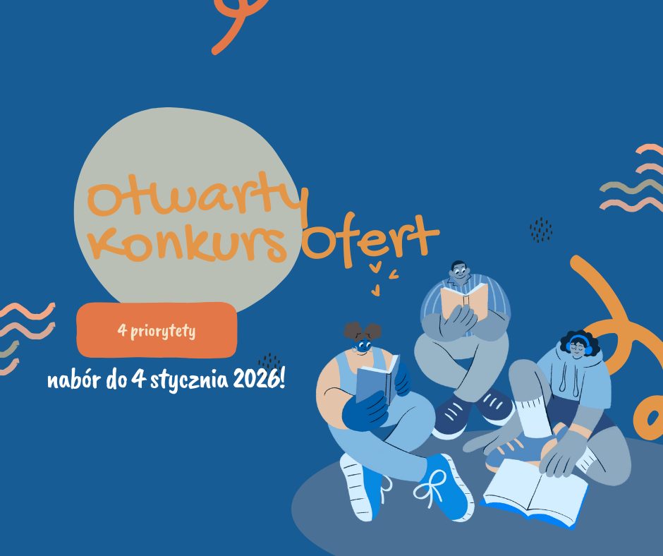 Na niebieskim tle znajdują się trzy postacie, które czytają książki i znajduje się napis Otwarty Konkurs Ofert