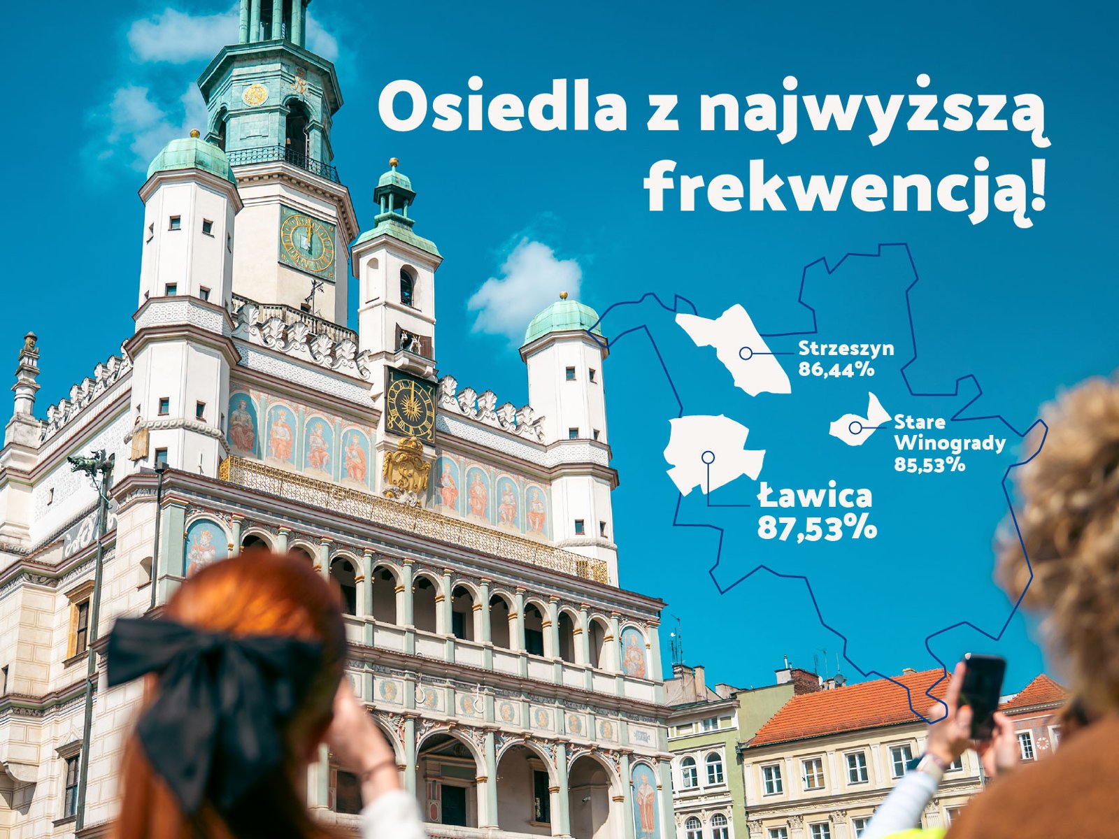 W II turze wyborów w Poznaniu najliczniej do urn poszli mieszkańcy Ławicy, Strzeszyna i Starych Winograd Na zdjęciu widać poznański ratusz z wyrysowanymi konturami granic miasta.