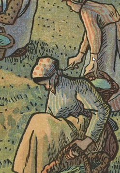 Trzy kobiety pielące trawę. W dłoniach trzymają niewielkie nożyki oraz kosze.