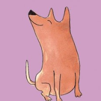 Na fuksjowym tle, rysunek brązowego uśmiechniętego psa.