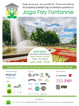 Plakat. Na górze foto fontanny w parku A. Mickiewicza. Na dole loga organizatorów i patronów