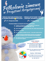 Plakat wydarzenia: Bałwan w czapce i szaliku. Na górze małe: klucz wiolinowy i baletnica.