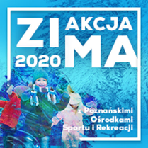 Plakat wydarzenia: niebieskie tło, białe litery, w lewym dolnym narozniku roześmiane dzieci na lodowisku.