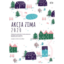 Plakat wydarzenia: domki, jezioro, drzewa. Wszystko w sniegu.